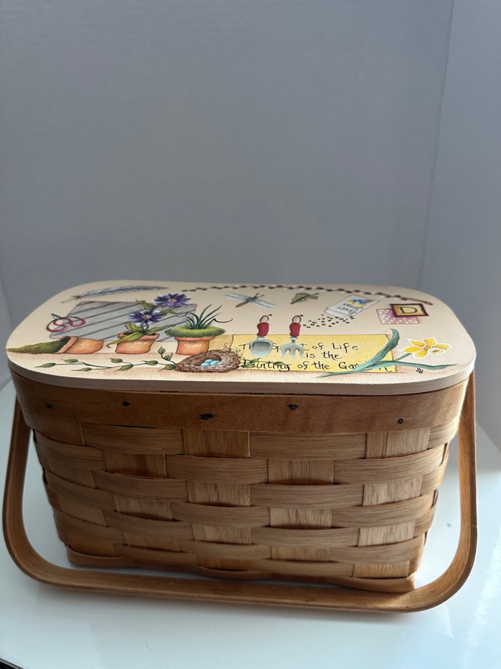 Vintage Woven Wood Basket with Hand Painted Floral Lid